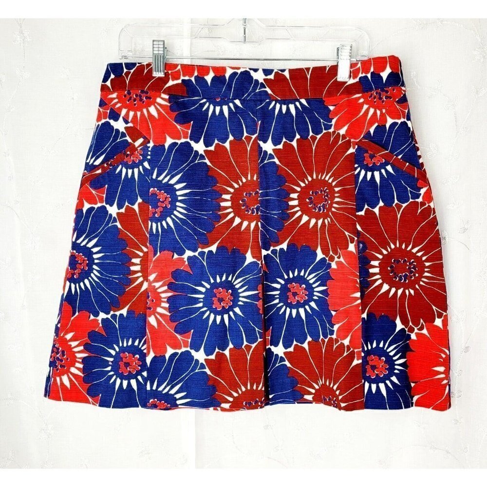 Boden Floral Skirt Red White Blue 100% Cotton Lined Pleated Zipper US/12R UK/16R